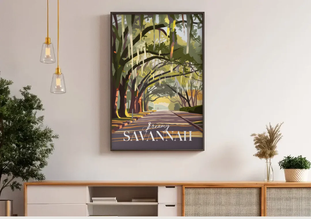 Savannah Spanish Moss Streets canvas wall art above a wooden sideboard under pendant lights