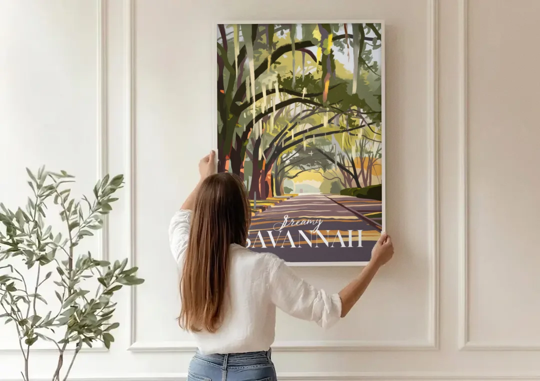 Savannah Spanish Moss Streets canvas wall art being hung on a paneled wall