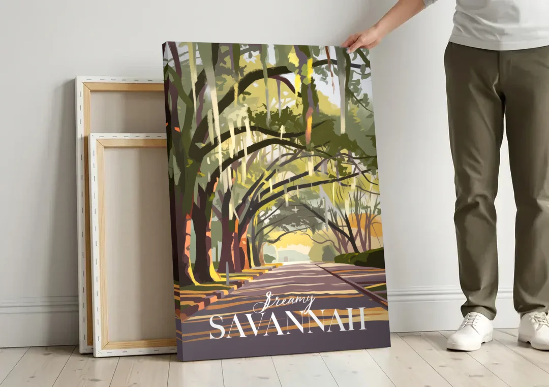 Savannah Spanish Moss Streets canvas wall art leaning against a wall next to blank canvases