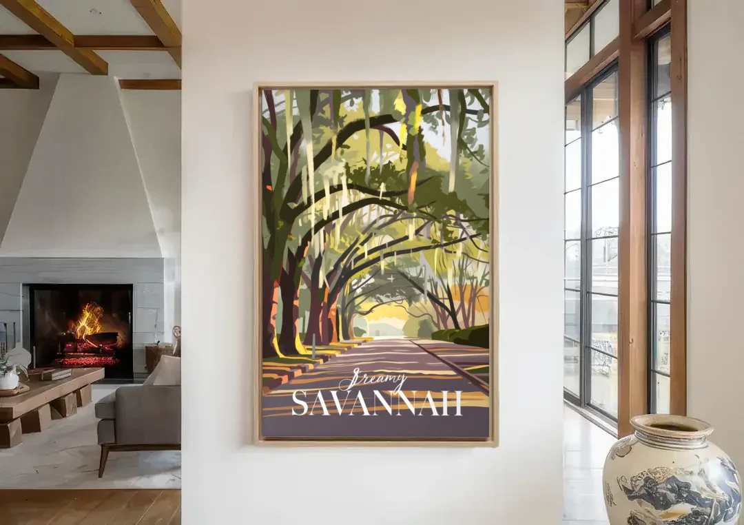 Savannah Spanish Moss Streets canvas wall art in a living room with a fireplace