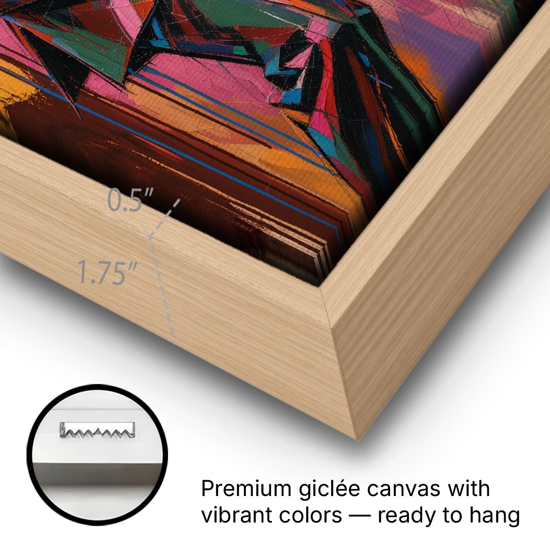 Saxophone Painting in Fractured Color - Oak Framed Canvas Wall Art - Gallery Wrap Corner
