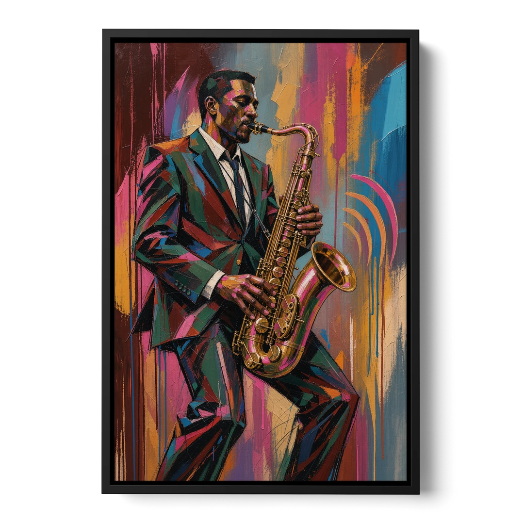 Saxophone Painting in Fractured Color - Black Framed Canvas Wall Art - Front