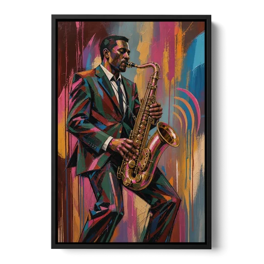 Saxophone Painting in Fractured Color - Black Framed Canvas Wall Art - Front
