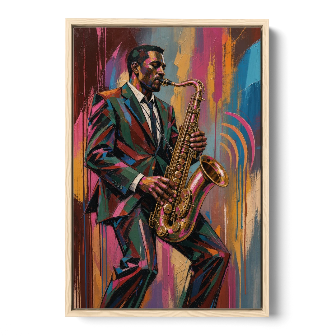 Saxophone Painting in Fractured Color - Oak Framed Canvas Wall Art - Front