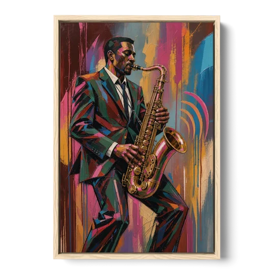 Saxophone Painting in Fractured Color - Oak Framed Canvas Wall Art - Front