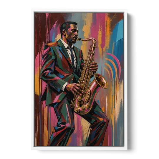 Saxophone Painting in Fractured Color - White Framed Canvas Wall Art - Front