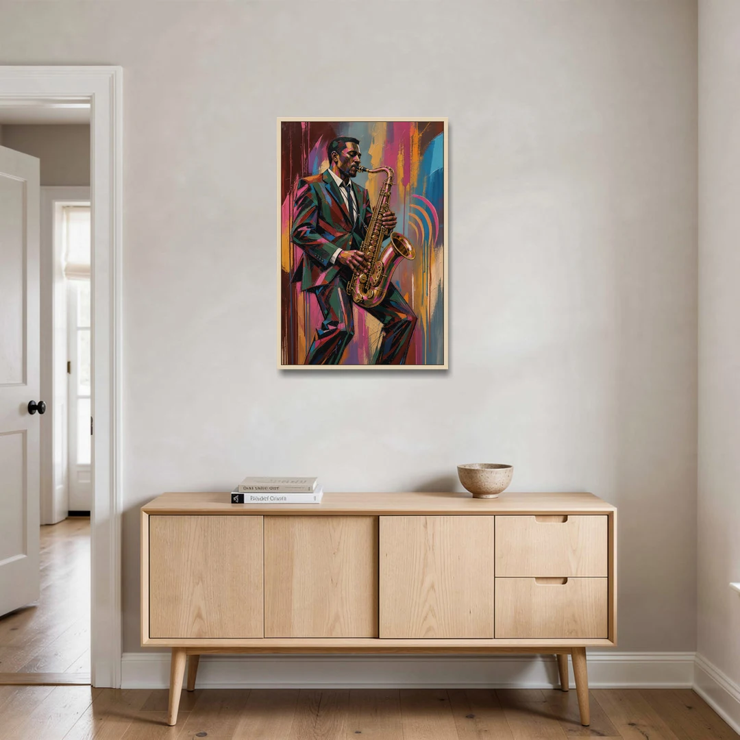 Saxophone Painting in Fractured Color - Oak Framed Canvas Wall Art - Coffee Table - 24x36