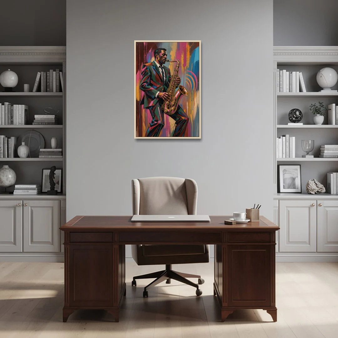 Saxophone Painting in Fractured Color - Oak Framed Canvas Wall Art - Office - 24x36