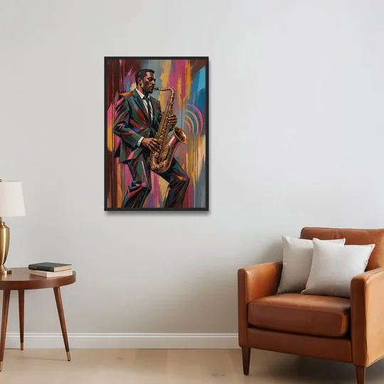 Saxophone Painting in Fractured Color - Black Framed Canvas Wall Art - Sofa - 24x36