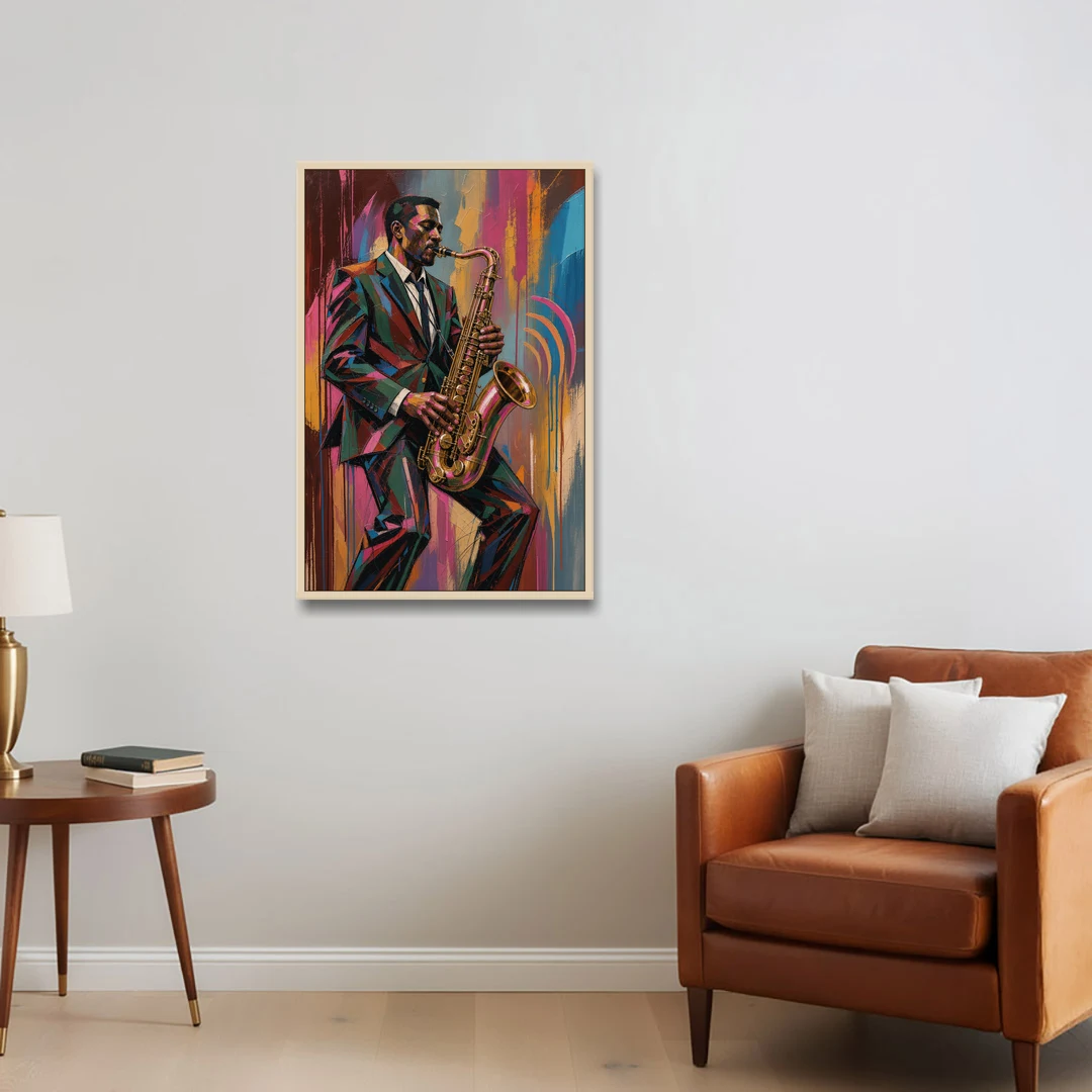 Saxophone Painting in Fractured Color - Oak Framed Canvas Wall Art - Sofa - 24x36