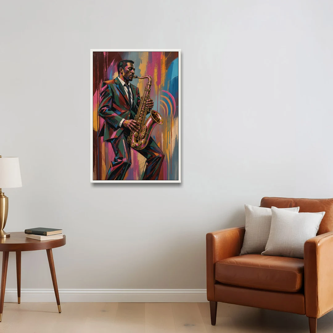 Saxophone Painting in Fractured Color - White Framed Canvas Wall Art - Sofa - 24x36