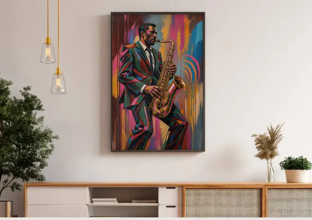 Saxophone Painting in Fractured Color canvas wall art above a wooden sideboard under pendant lights