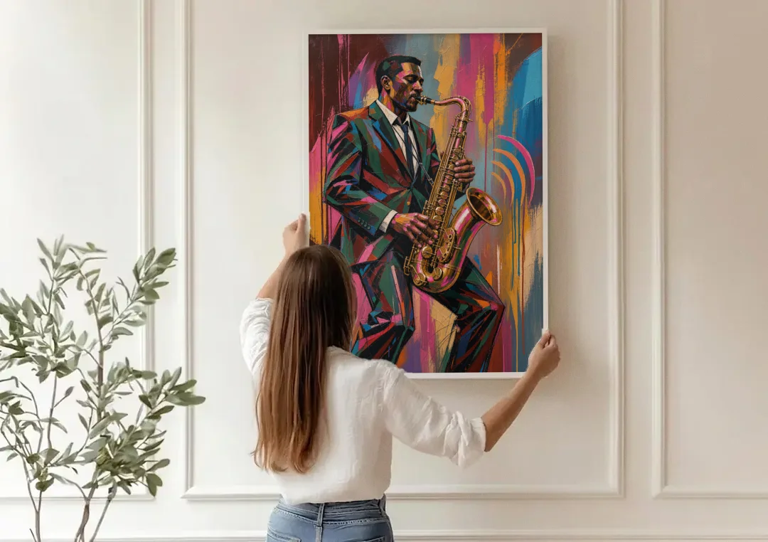 Saxophone Painting in Fractured Color canvas wall art being hung on a paneled wall