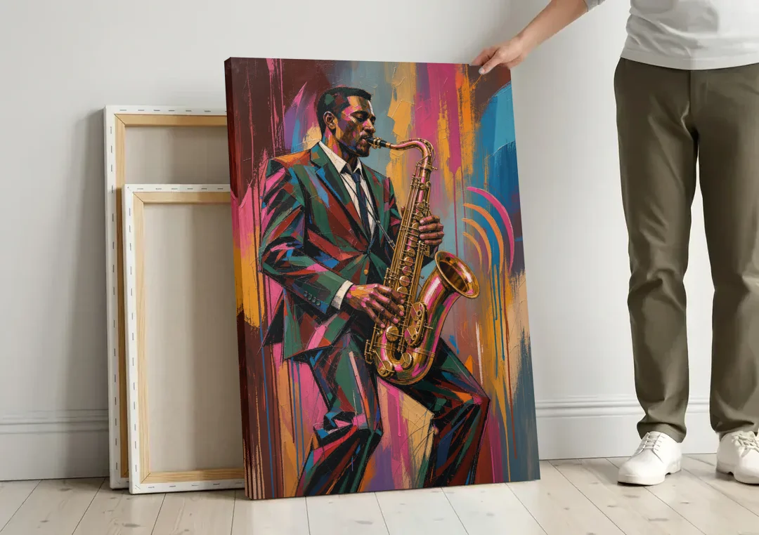 Saxophone Painting in Fractured Color canvas wall art leaning against a wall next to blank canvases