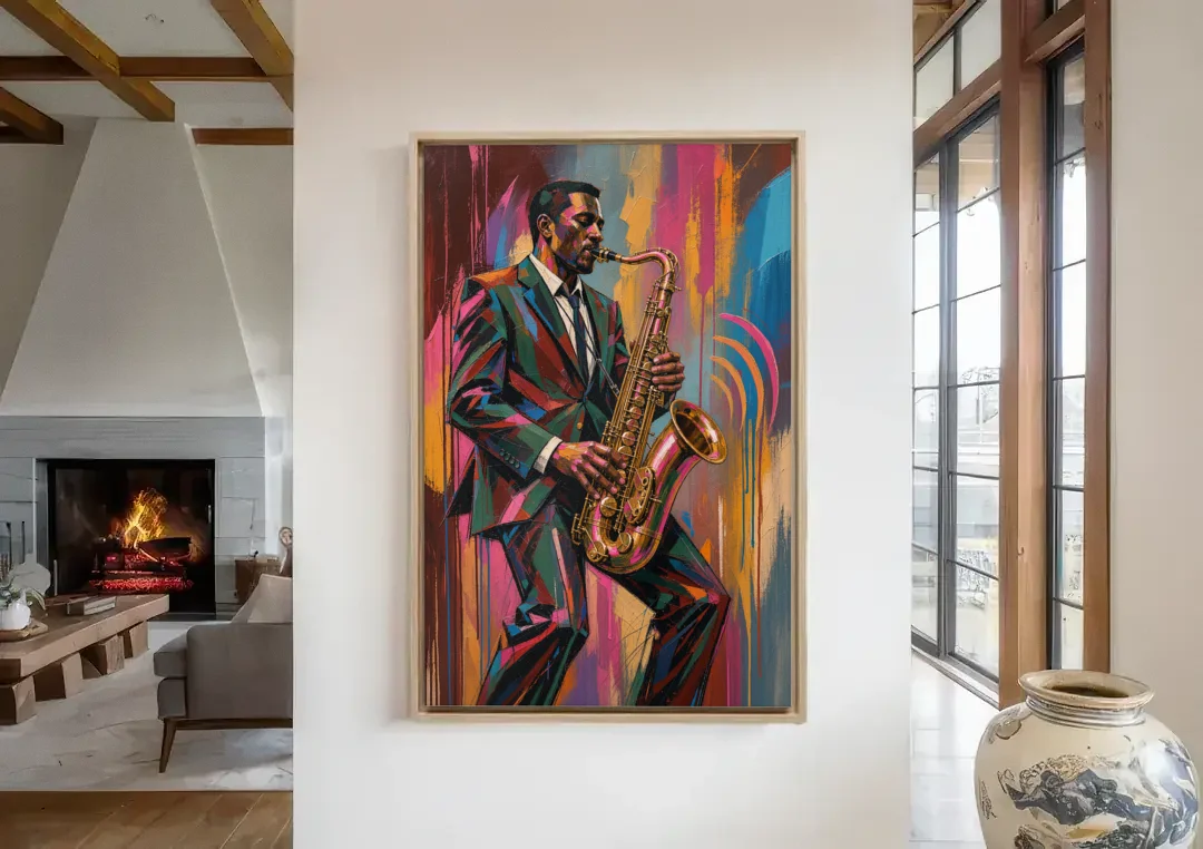 Saxophone Painting in Fractured Color canvas wall art in a living room with a fireplace