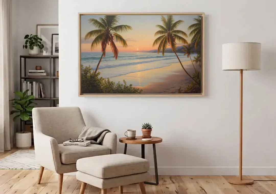 Sayulita Beach Sunset canvas wall art above an armchair in a bright living room