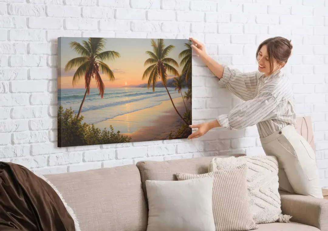Sayulita Beach Sunset canvas wall art being hung on a white brick wall above a sofa