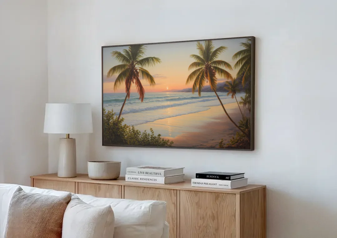Sayulita Beach Sunset canvas wall art above a wooden sideboard next to a sofa