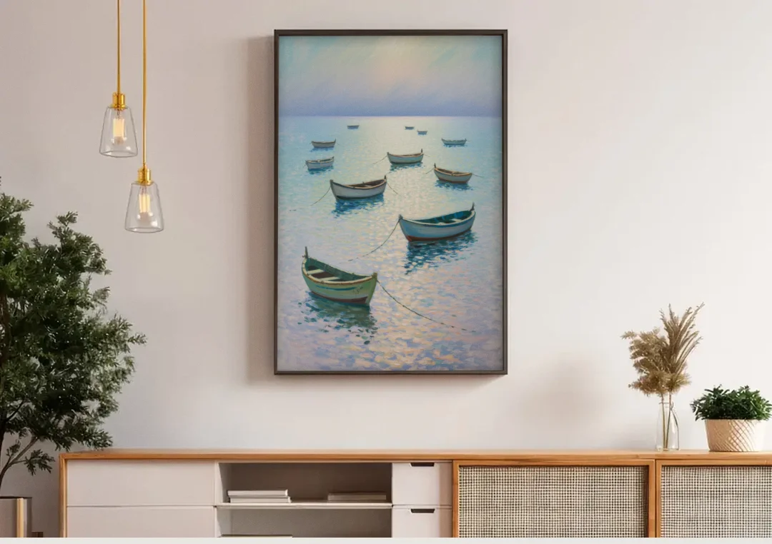 Sayulita Fishing Boats canvas wall art above a wooden sideboard under pendant lights