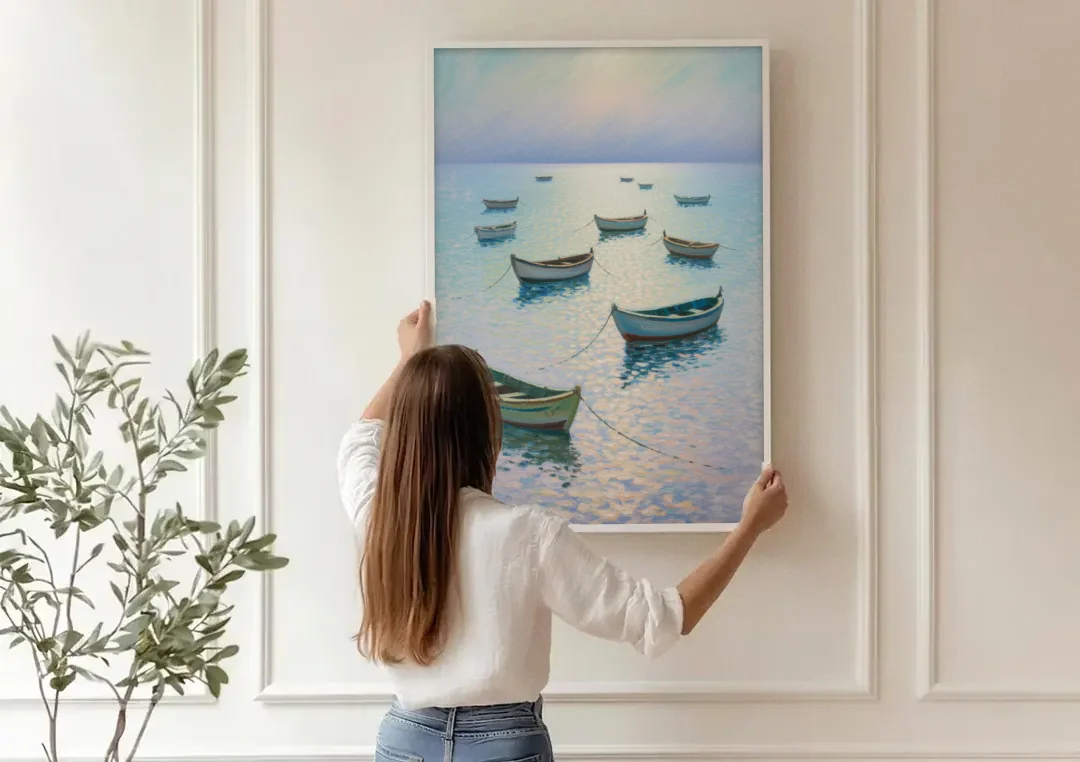 Sayulita Fishing Boats canvas wall art being hung on a paneled wall