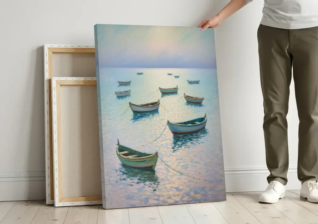 Sayulita Fishing Boats canvas wall art leaning against a wall next to blank canvases