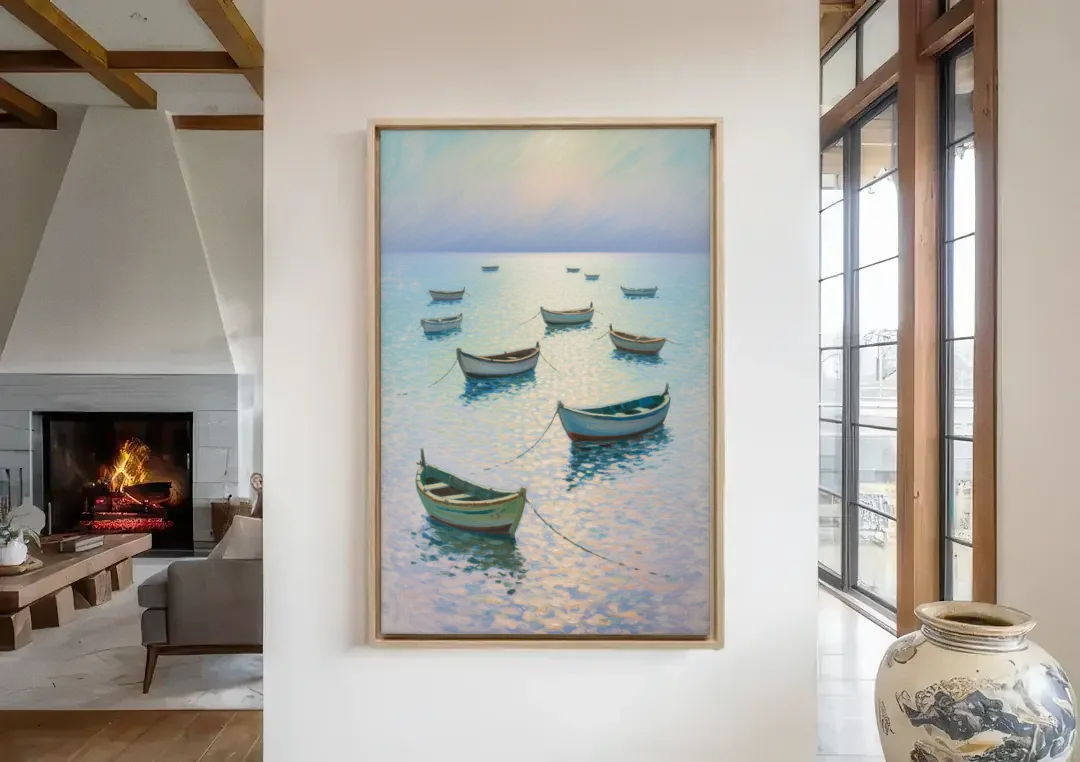 Sayulita Fishing Boats canvas wall art in a living room with a fireplace