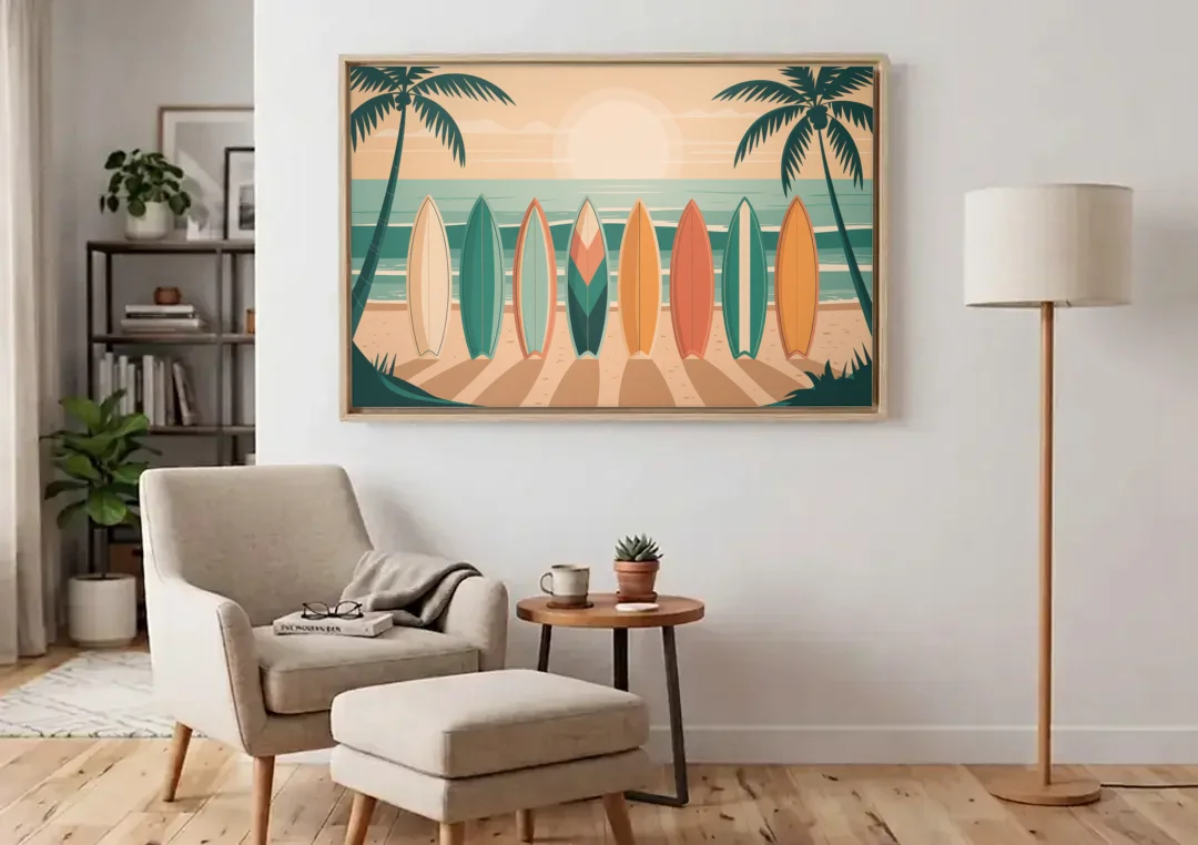Sayulita Surfboards canvas wall art above an armchair in a bright living room