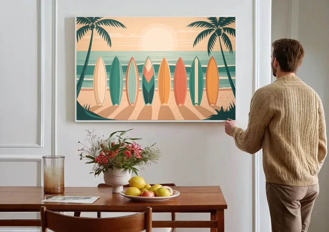 Sayulita Surfboards canvas wall art above a dining table