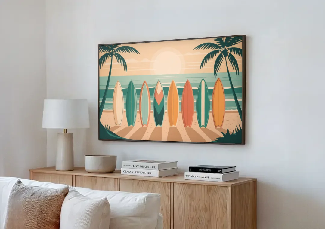 Sayulita Surfboards canvas wall art above a wooden sideboard next to a sofa