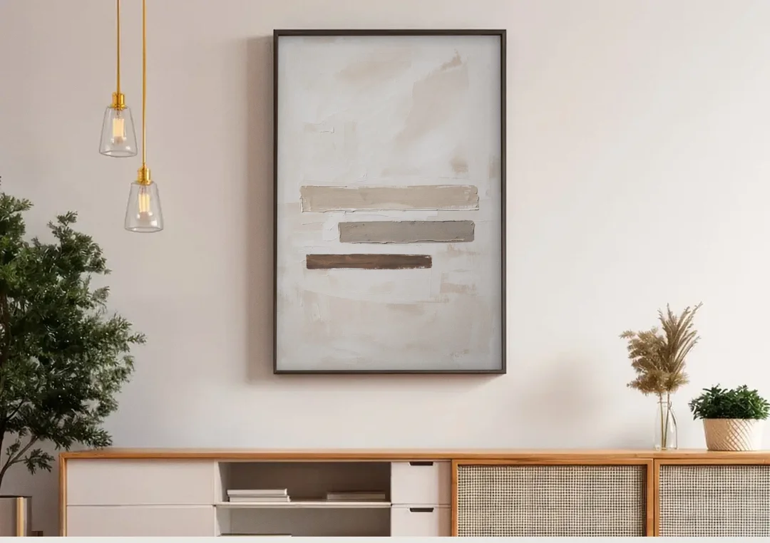 Scandinavian Abstract Art of Birch, Ash and Walnut Bars canvas wall art above a wooden sideboard under pendant lights