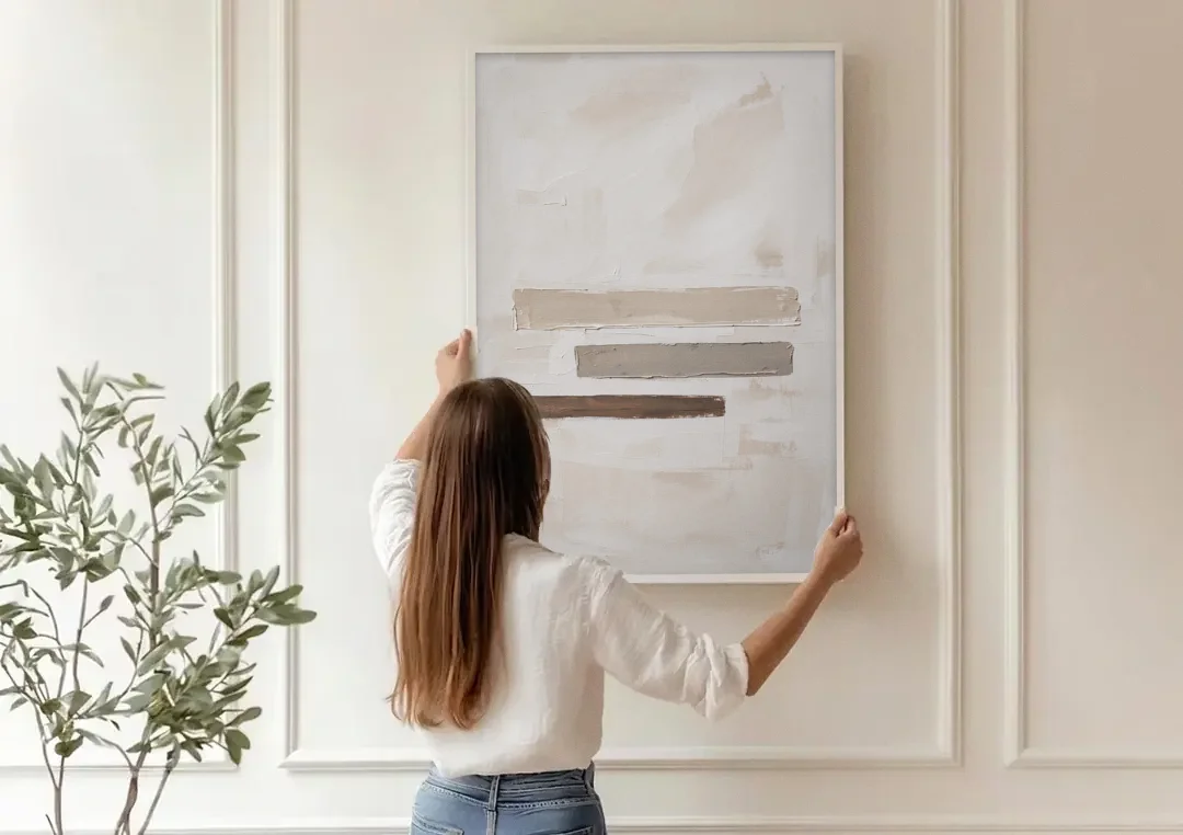 Scandinavian Abstract Art of Birch, Ash and Walnut Bars canvas wall art being hung on a paneled wall