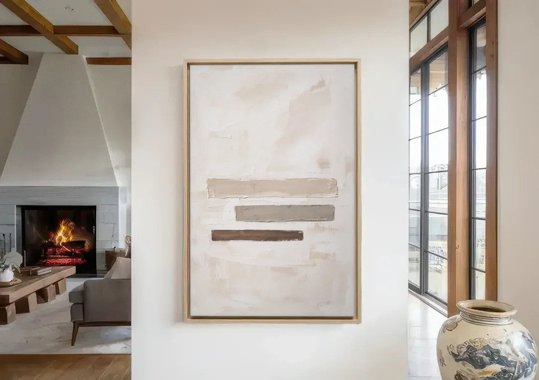 Scandinavian Abstract Art of Birch, Ash and Walnut Bars canvas wall art in a living room with a fireplace