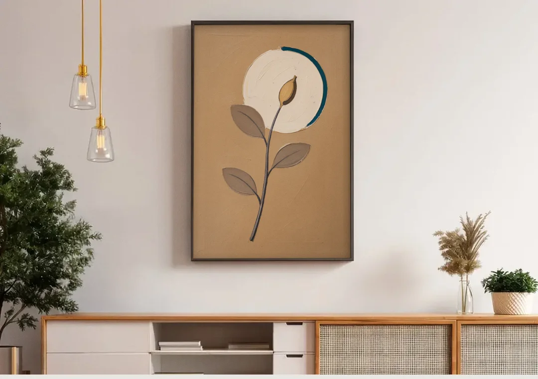 Scandinavian Abstract Wall Art Seed Pod and Cream Moon canvas wall art above a wooden sideboard under pendant lights