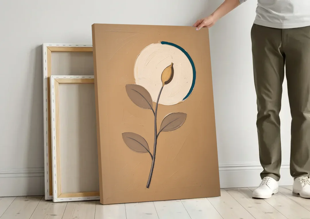 Scandinavian Abstract Wall Art Seed Pod and Cream Moon canvas wall art leaning against a wall next to blank canvases