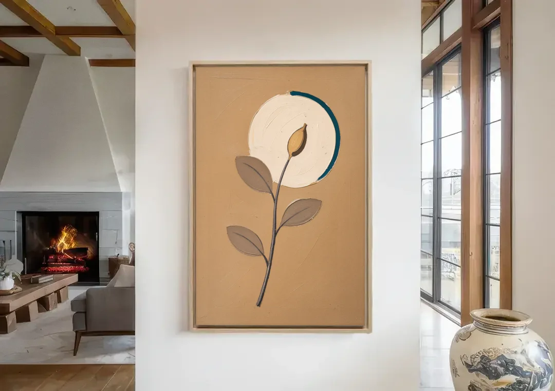 Scandinavian Abstract Wall Art Seed Pod and Cream Moon canvas wall art in a living room with a fireplace