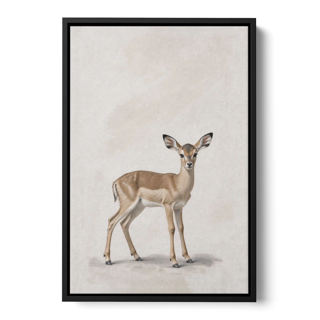 Scandinavian Nursery Wall Art of an Alert Impala Fawn - Black Framed Canvas Wall Art - Front
