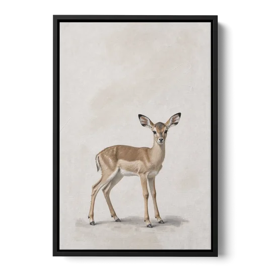 Scandinavian Nursery Wall Art of an Alert Impala Fawn - Black Framed Canvas Wall Art - Front