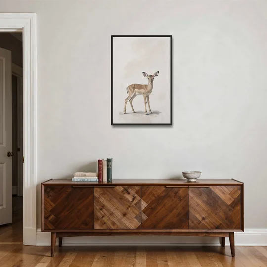 Scandinavian Nursery Wall Art of an Alert Impala Fawn - Black Framed Canvas Wall Art - Coffee Table - 24x36