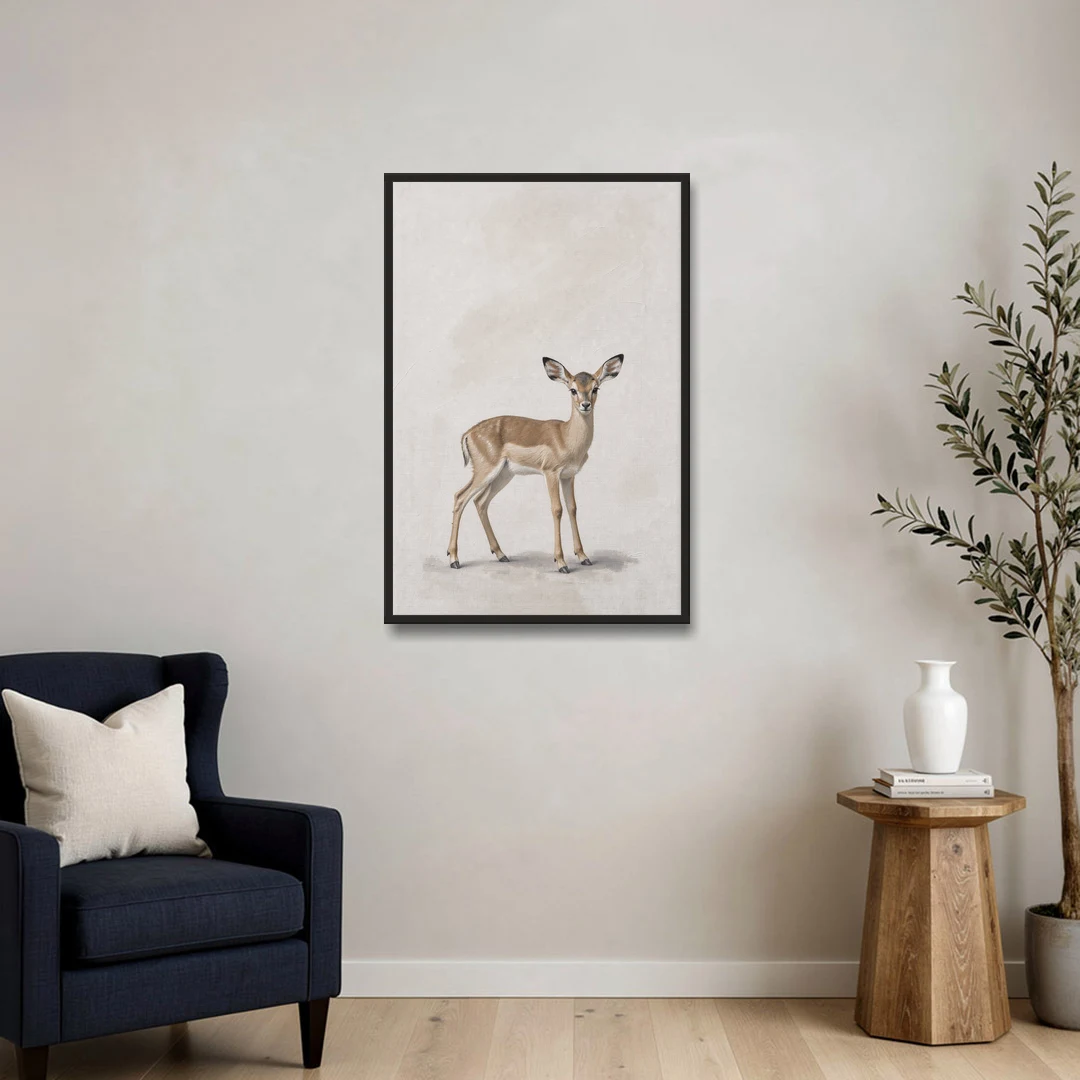 Scandinavian Nursery Wall Art of an Alert Impala Fawn - Black Framed Canvas Wall Art - Sofa - 24x36