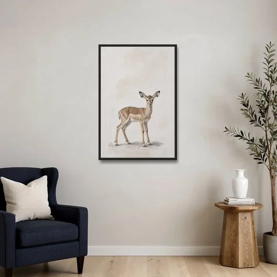 Scandinavian Nursery Wall Art of an Alert Impala Fawn - Black Framed Canvas Wall Art - Sofa - 24x36