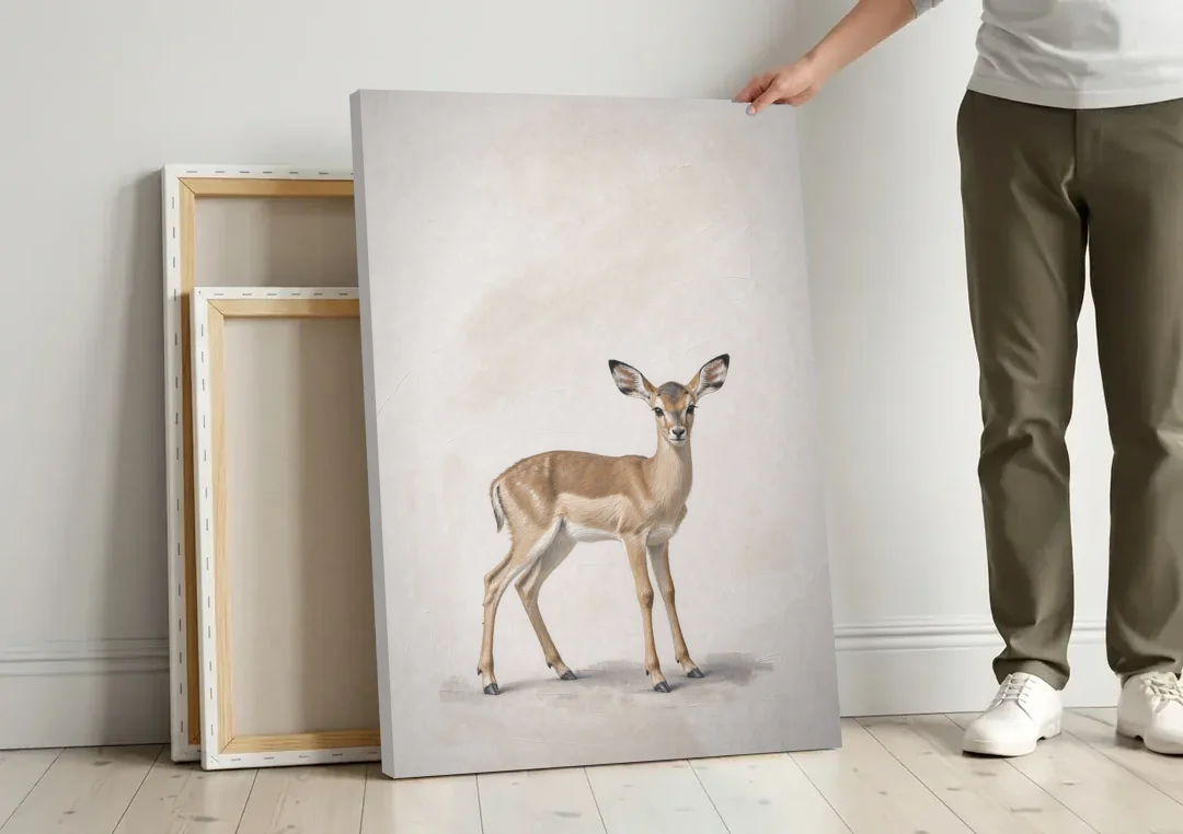 Scandinavian Nursery Wall Art of an Alert Impala Fawn canvas wall art leaning against a wall next to blank canvases