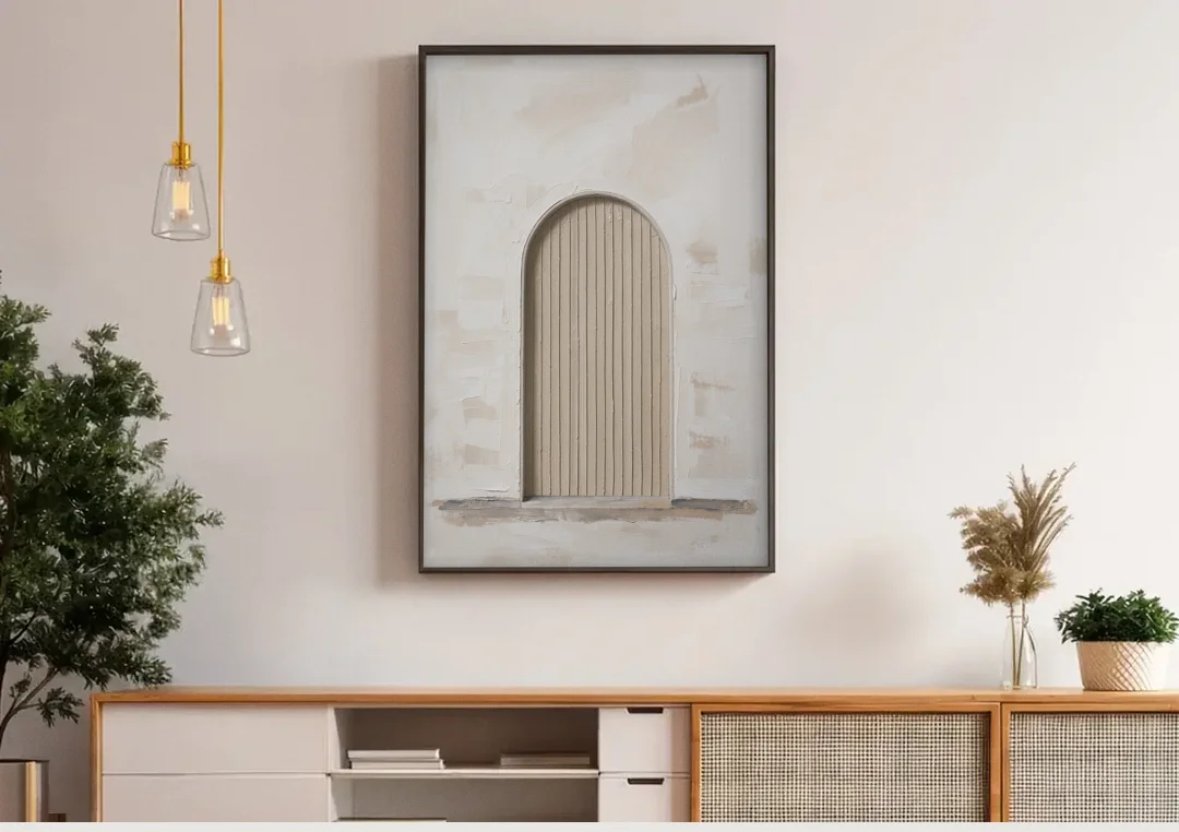 Scandinavian Wall Art Ribbed Beige Arch on Plinth canvas wall art above a wooden sideboard under pendant lights