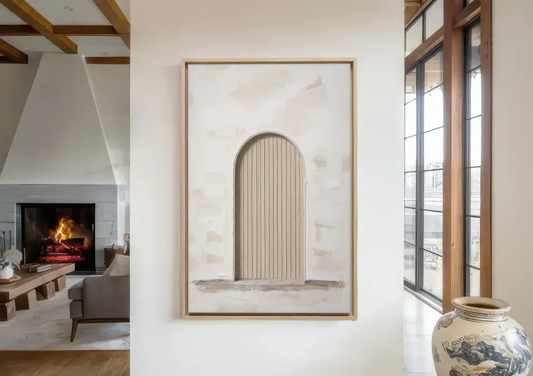Scandinavian Wall Art Ribbed Beige Arch on Plinth canvas wall art in a living room with a fireplace