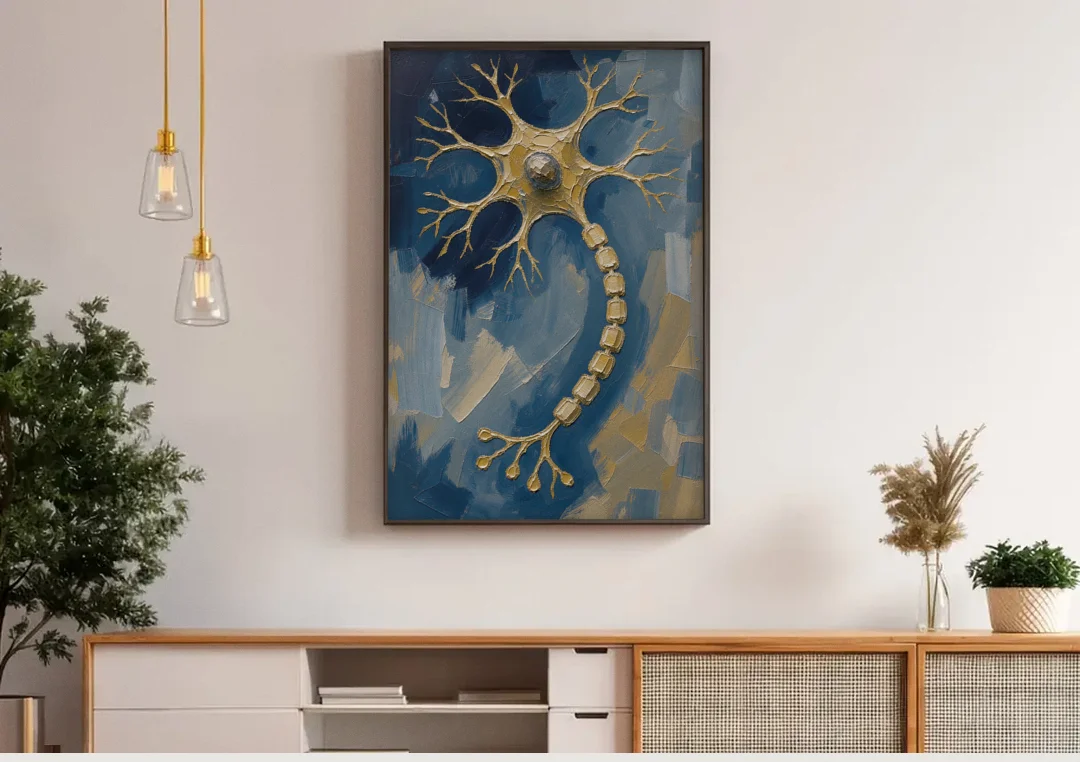 Science Wall Art of a Golden Nerve Cell canvas wall art above a wooden sideboard under pendant lights