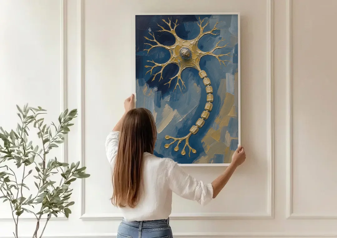 Science Wall Art of a Golden Nerve Cell canvas wall art being hung on a paneled wall