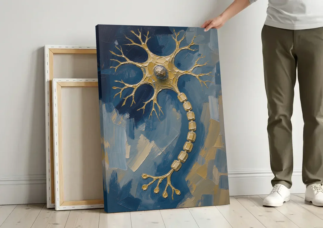 Science Wall Art of a Golden Nerve Cell canvas wall art leaning against a wall next to blank canvases