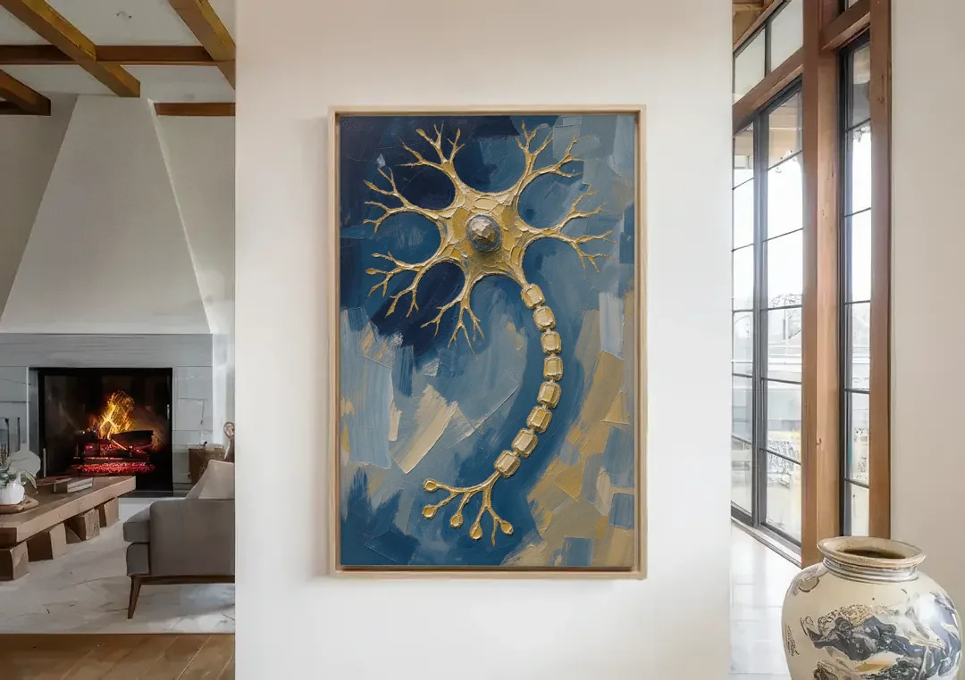 Science Wall Art of a Golden Nerve Cell canvas wall art in a living room with a fireplace