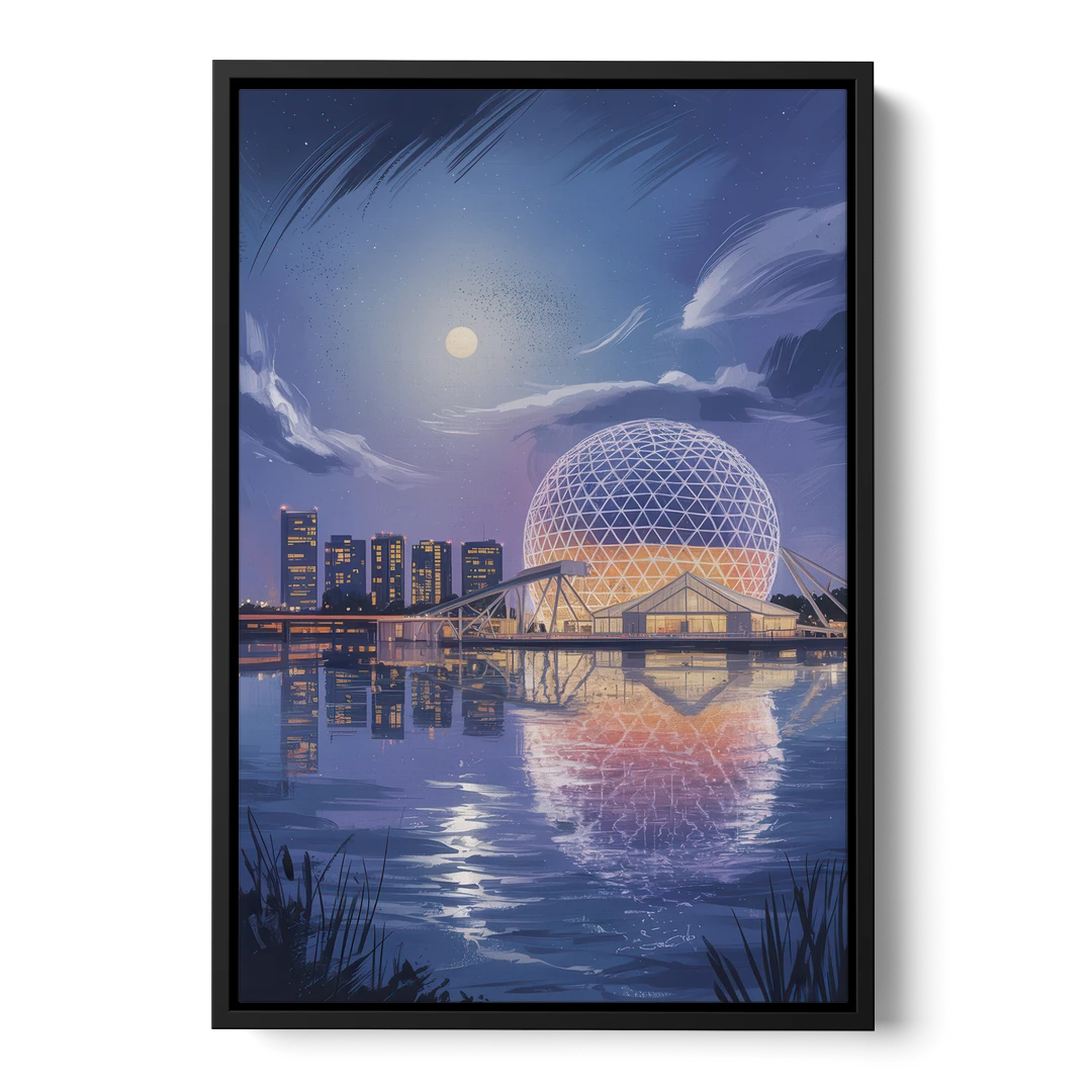 Science World at Night - Black Framed Canvas Wall Art - Front