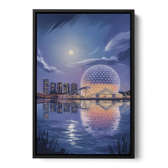 Science World at Night - Black Framed Canvas Wall Art - Front