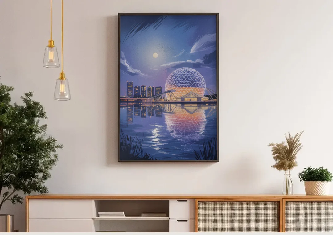 Science World at Night canvas wall art above a wooden sideboard under pendant lights